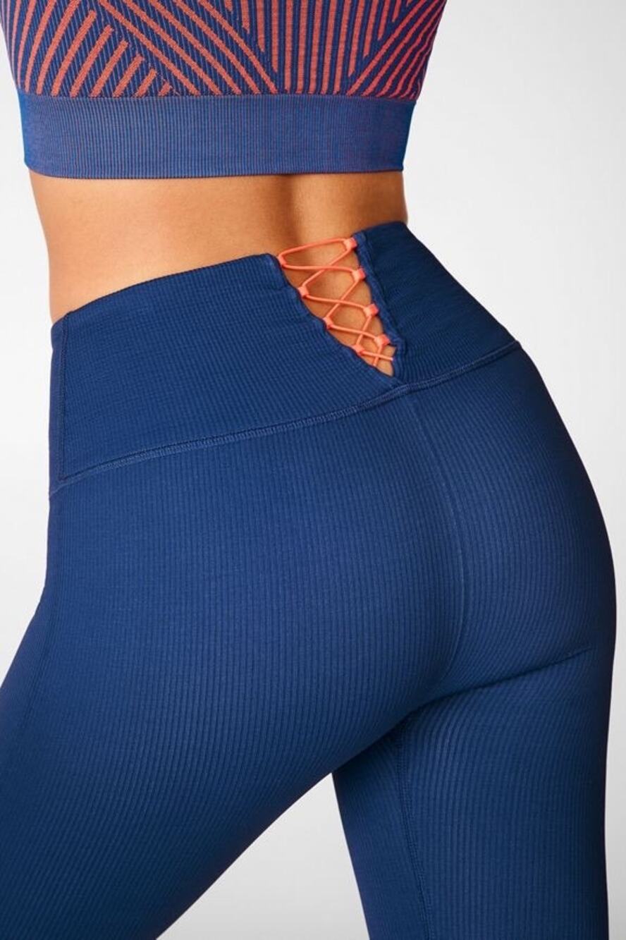 Fabletics Ribbed Lace Up High Waist Legging Pilates Sportycore Navy Coral Small